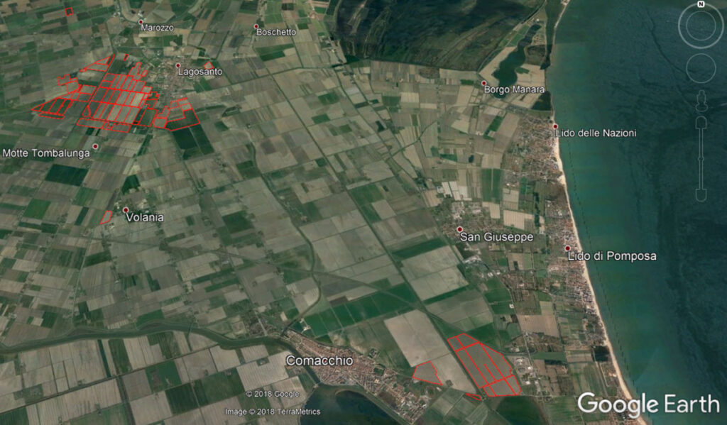 Vista satellitare dei terreni nel Delta del Po dell'azienda agricola Porto Felloni